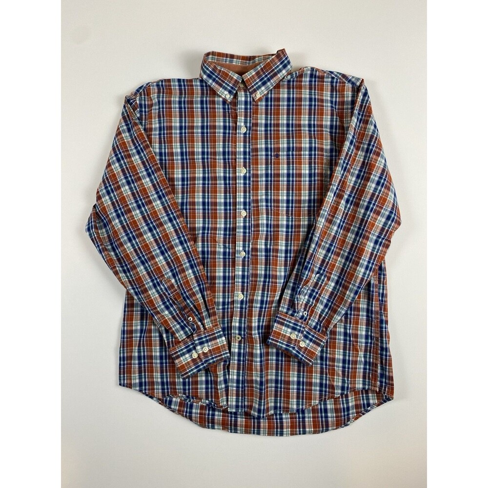 IZOD Men's L Red/Orange Blue White Plaid Long Sleeve Button-Up Shirt